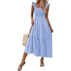 Vestido Largo Casual de Verano para Mujer, Cuello Cuadrado, Tirantes, Liso, Teñido, Estilo Bohemio, Línea A, 100% Poliéster, Ligero, Transpirable, para Vacaciones - Product Image 2