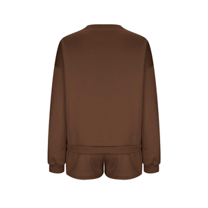 Conjunto de 2 piezas de ropa de descanso recortada deportiva informal, Sudadera de cuello redondo y pantalón corto con ropa deportiva corta de color sólido para el verano - Product Image 3