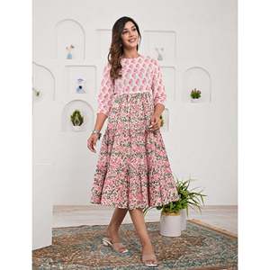 Vestido Casual Beige de Algodón Estampado, Transpirable, Talla XS, Diseño Personalizado, Largo hasta el Suelo, Elegante para Eventos Diurnos y Uso en el Hogar, Natural - Product Image 5