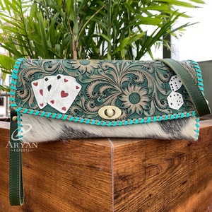 Bolso bandolera de cuero hecho a mano único con estampado floral y de tarjeta bolso de hombro estilo embrague de cuero genuino para mujer - Product Image 1