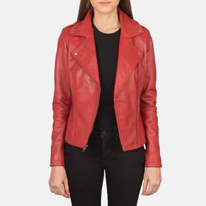 Veste de motard rouge en cuir véritable peau de mouton avec fermeture éclair et poches intérieures et extérieures - Product Image 2