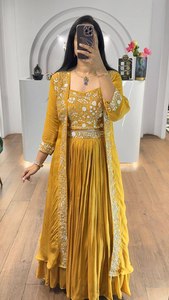 New Indian Western Style Faux Georgette Thread Zari & Sequence Embroidery Border Blouse <b>Shrug</b> And Lehenga With Embroidered Belt - Product Image 2