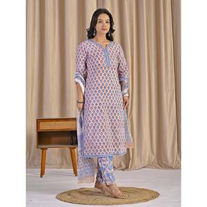 Conjunto de Kurta y Pantalón de Algodón Estampado a Mano con Diseño de Duraznos, Estilo Casual de Verano, Tela Chifón - Product Image 4