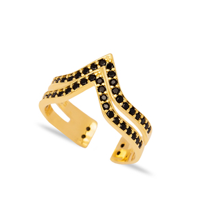 Anillo ajustable de Plata de Ley 925 con diseño delicado de dos barras, piedra de circón negro, forma Irregular, turco, hecho a mano - Product Image 1