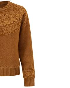 Customized Camel Brown Jacquard Knit Sweater Floral Textured Crew Neck <b>Long</b> Sleeve Winter Pullover <b>For</b> <b>Women</b> Custom Wholesale - Product Image 3