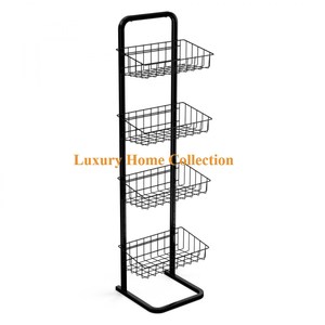 Nouveau seau et panier de rangement décoratifs de table et de sol de forme ronde fantaisie cadre enduit de poudre de couleur noire et base en bois - Product Image 6