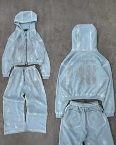 Fabricants de sweats à capuche personnalisés Streetwear Noir Rhinestone Broderie Zip up Vintage Acid Wash Heayweight recadrée sweats à capuche unisexe - Product Image 6