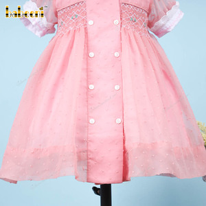 Robe Géométrique Smocked 100% Coton Écologique Respirante Rose Boutonnée Devant pour Enfants OEM ODM en Stock Vente en Gros-BB3287 - Product Image 4
