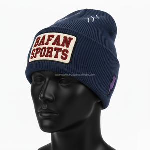 Haute qualité 320 GSM épais côtes tricot hommes Beanie Cap confortable hiver chaud chapeau bleu marine avec Patch personnalisé Logo jacquard Beanie Cap - Product Image 3