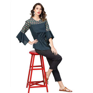 Top Regular Floral con estampado de algodón gris azulado para mujer, cuello asimétrico bordado, traje largo de primavera bonito XL - Product Image 1