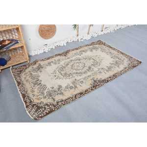 Vintage Area Rug 3.7x6.7 ft, Beige <b>Brown</b> Polka dot Rug <b>Wool</b> - Product Image 4