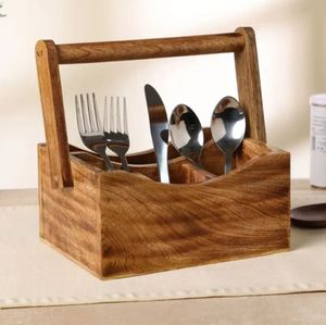 Hot Selling 4 Compartments Wooden Cutlery Holder With Handle For Kitchen Countertop Tabletop Restaurant - Product Image 6