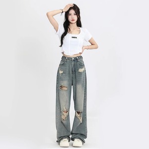 Pantalon baggy en denim 100% coton de qualité supérieure pour femmes Design élégant respirant haut de gamme avec nœud et décorations en dentelle - Product Image 3