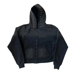 Fabricants de sweats à capuche zippés en strass de haute qualité personnalisés avec lavage à la pierre 100% coton recadrée boxy lavage à l'acide sweat à capuche hommes 2025 - Product Image 5
