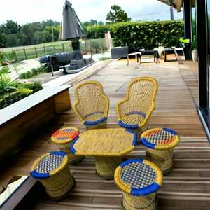 Trendy Modern 2-Sofa <b>Chair</b> Set <b>4</b> Ottomans Center Table Indoor Outdoor Garden Living <b>Room</b> Wicker Bamboo Made Scandinavian <b>Dining</b> - Product Image 4