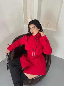 Trench-coat rouge pour femme avec ceinture, col chemise, double boutonnage, manches longues, longueur standard, automne, décontracté, élégant, coupe-vent, uni - Product Image 6