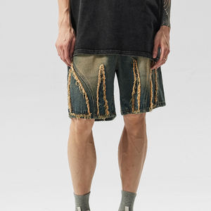 กางเกงยีนส์วินเทจแบบเย็บปะติดมีซิปสำหรับผู้ชายกางเกงขาสั้นผ้าฝ้ายผ้ายีนส์วินเทจแบบออกแบบได้ตามต้องการ - Product Image 1