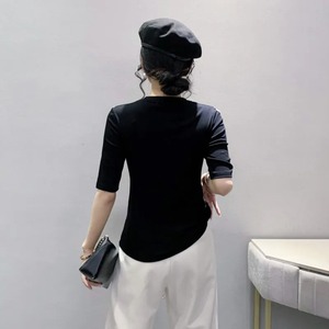 Camiseta ajustada de media manga de buena calidad para mujer, camiseta ajustada Sexy con diamantes, cuello redondo de algodón elástico de estilo femenino - Product Image 4