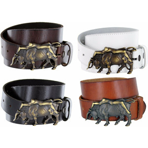 Cinturón Casual de Cuero Genuino de Grano Completo con Hebilla Grabada de Toro Hembra en Cobre Antiguo, 1-1/2 (38 mm) de Ancho, Varios Colores - Product Image 1
