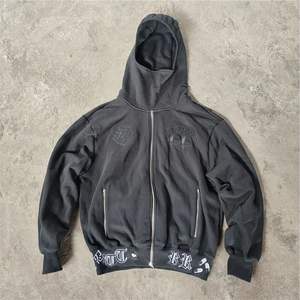 Manufacture Black Hoodies <b>Mens</b> 500gsm 100%Cotton Hood Three <b>Zips</b> Full <b>Zip</b> Distressed Hoodie for <b>Men</b> - Product Image 1