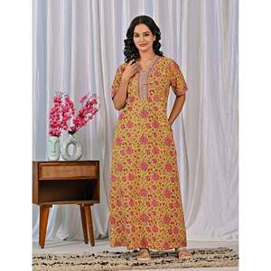 Vestido de Dormir 100% Algodón con Estampado Jaal Hecho a Mano, Camisón Suave Tejido con Diseño Floral y Botones, ODM 3XL para Damas de Honor - Product Image 5