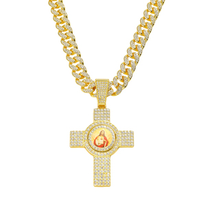 Collier chaîne cubaine de 13 mm de largeur, style tendance 2025, vente chaude, nouveau style, hip-hop, bling, strass, pendentif rotatif, croix pour la mode - Product Image 1