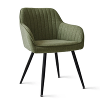 Chaise de salle à manger moderne verte avec dossier et accoudoirs solides, assise rembourrée en tissu et structure en métal noir pour salle à manger et salon