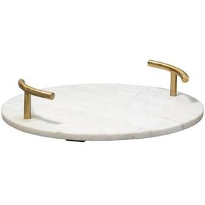 Élégant plateau décoratif en pierre de marbre blanc fait à la main, design moderne avec poignées en métal plaqué or pour servir ou présenter des aliments - Product Image 1