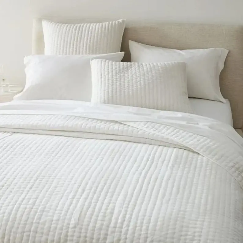 Couette Kantha en coton blanc uni, cousue à la main, linge de lit Kantha réversible, blanc uni, couverture ca