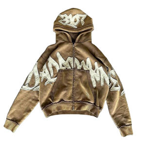 Wholesale Heavyweight Custom Logo Distress Embroidery Acid Wash High Quality Thick Heavy French Terry Oversize <b>Zipper</b> Hoodie Men - Product Image 1