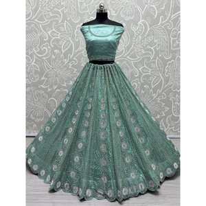 Beautiful Sea <b>Green</b> Sequins Net Reception Wear Lehenga Choli for Wedding Apparel - Product Image 1