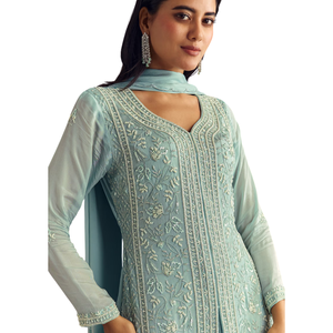 Azul cielo Chinon Kurta Dupatta conjunto con Moti y Cutdana trabajo al por mayor mujeres Ropa Étnica OEM proveedor de fábrica de ropa personalizada - Product Image 4