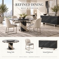 Ensemble de meubles de luxe moderne pour toute la maison : canapé en tissu capitonné, lit sculptural rembourré, table à manger en pierre frittée avec base en métal