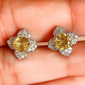 Romantic Women's Children's Citrine Flower Stud <b>Earrings</b> Sterling Silver <b>Rhodium</b> Gold Wedding Engagement Anniversary Party Gift - Product Image 2