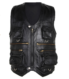 Gilet da uomo in vera pelle di vacchetta di nuova 2025 gilet da uomo senza maniche giacca spessa gilet da motociclista Multi tasca in pelle - Product Image 4