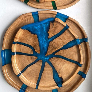 ถาดเสิร์ฟงานฝีมือทำมือคุณภาพสูง หรูหรา ทรงกลม ทำจากเรซิ่นผสมไม้และอีพ็อกซี่ สำหรับชา อาหารเช้า อาหาร ขายส่ง งานฝีมือซานิยา - Product Image 5