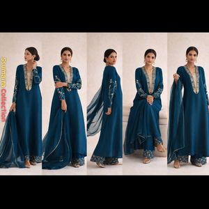 Tendances 2025 : Ensemble chemise longue droite en organza bleu sarcelle avec dupatta, style formel, broderies de cristaux et pierres Tiki, séchage rapide - Product Image 6