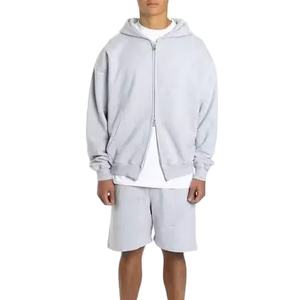 ชุดเซ็ตเสื้อฮู้ดซิปและกางเกงขาสั้นผู้ชายสไตล์วินเทจ ล้างสีแบบแอซิด  ชุดสองชิ้นสำหรับผู้ชาย เสื้อฮู้ดซิปคู่สำหรับผู้ชาย - Product Image 3