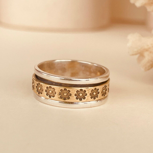 Superventas Flor Spinner Anillos 925 Plata Esterlina 18K Chapado en Oro Dos Toneladas Meditación Fidget Pulgar Banda Anillo Eternidad Vermeil - Product Image 2