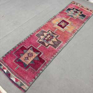 3x11.4 ft Herki Turkish Vintage <b>Wool</b> Rug <b>Red</b> Gray Patchwork Floral Design Eco-Friendly Latex Backing - Product Image 2