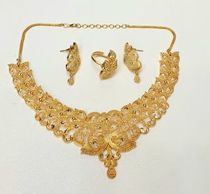 Classic Vintage 24K Gold Plated Brass Jewelry Set Necklace Earrings <b>Ring</b> Women's Wedding Gift Party Floral Design - Product Image 4