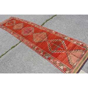 Tapis Kilim turc vintage rouge marron Patchwork Design 28 'X 121' taille laine matériel avec support en Latex pour décor de chambre d'adolescent - Product Image 4