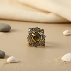 Bague Cocktail en Forme de Fleur avec Pierre Onyx Noir Sertie Pavé pour Femme, Style Bohème, en Alliage Plaqué Or 18K, Marque Fabriquée - Product Image 2