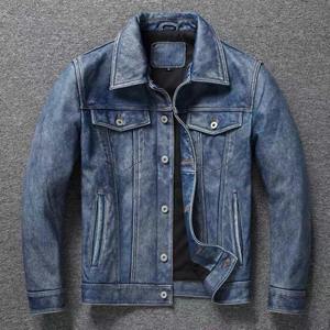 Veste de moto en cuir pour homme Bleu clair Ami Kaki Rétro Graphite Veste en cuir véritable en denim vieilli Veste courte slim - Product Image 1