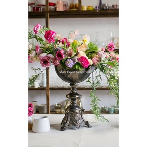 Antique Silver Large Metal Flower Bowl Handmade Embossed <b>Vase</b> Holder for Wedding Engagement Ceremony Coastal for Weddings Events - Product Image 3