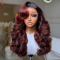 Perruques 100% Cheveux Humains Rouge Bourgogne Racine Foncée, Ondulation Souple, Sans Colle, Frontale en Dentelle HD 13*4, pour Femmes Afro-Américaines
