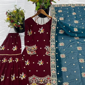 Heavy Party Wear Faux Georgette Sequence Bordado Top Manga completa y Sharara con Heavy Georgette Bordado Trabajo Dupatta - Product Image 1