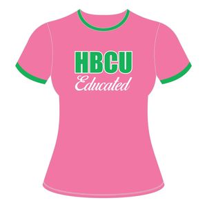 Hbcu เสื้อยืดคอกลมชายตัดสีตัดกันสำหรับผู้หญิงสีชมพูปักด้วยตัวอักษรสีเขียวเสื้อผ้ากรีก - Product Image 2