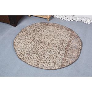 พรมตุรกีวินเทจ, พรมทรงกลมขนาด 3.9x3.9 ฟุต, พรมขนสัตว์ลายทางสีน้ำตาลเบจ - Product Image 2