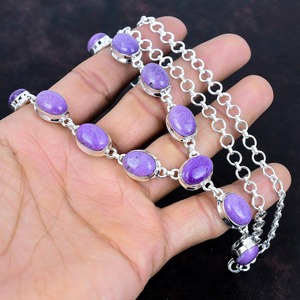 <b>Top</b> Quality Genuine 925 Sterling <b>Silver</b> Natural Natural Purpurite Cabochon Bezel Setting Chain Necklace Women Heavy Jewelry - Product Image 5